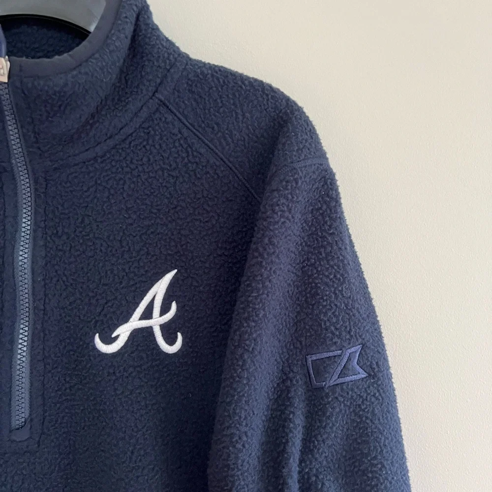 NWT Cutter & Buck Atlanta Braves Cascade Eco Fleece Mens 1/4 Zip Jacket, Blue, S